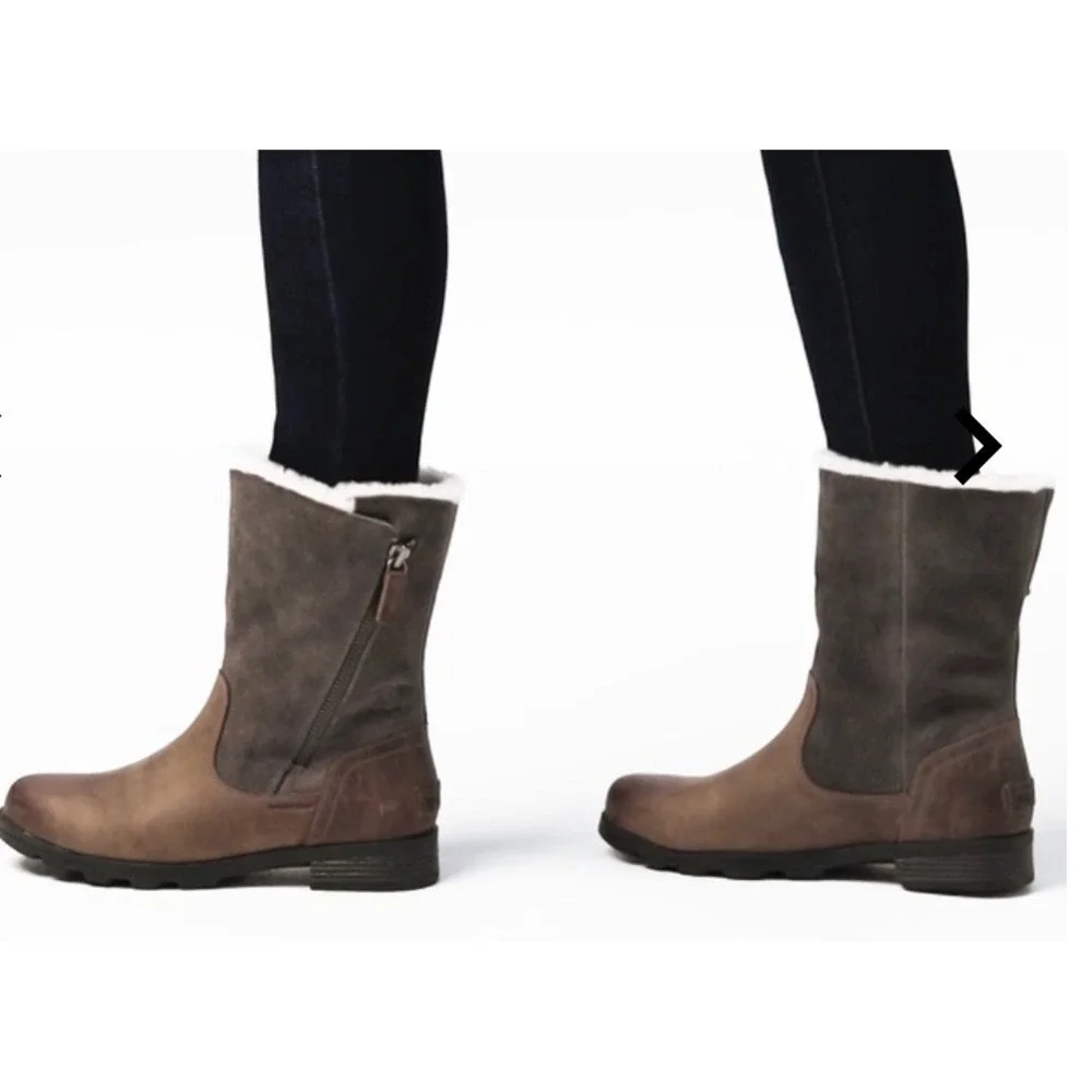 Sorel Phoenix Moto Waterproof Leather Suede Faux Fur Boots Quarry Brown Womens 6